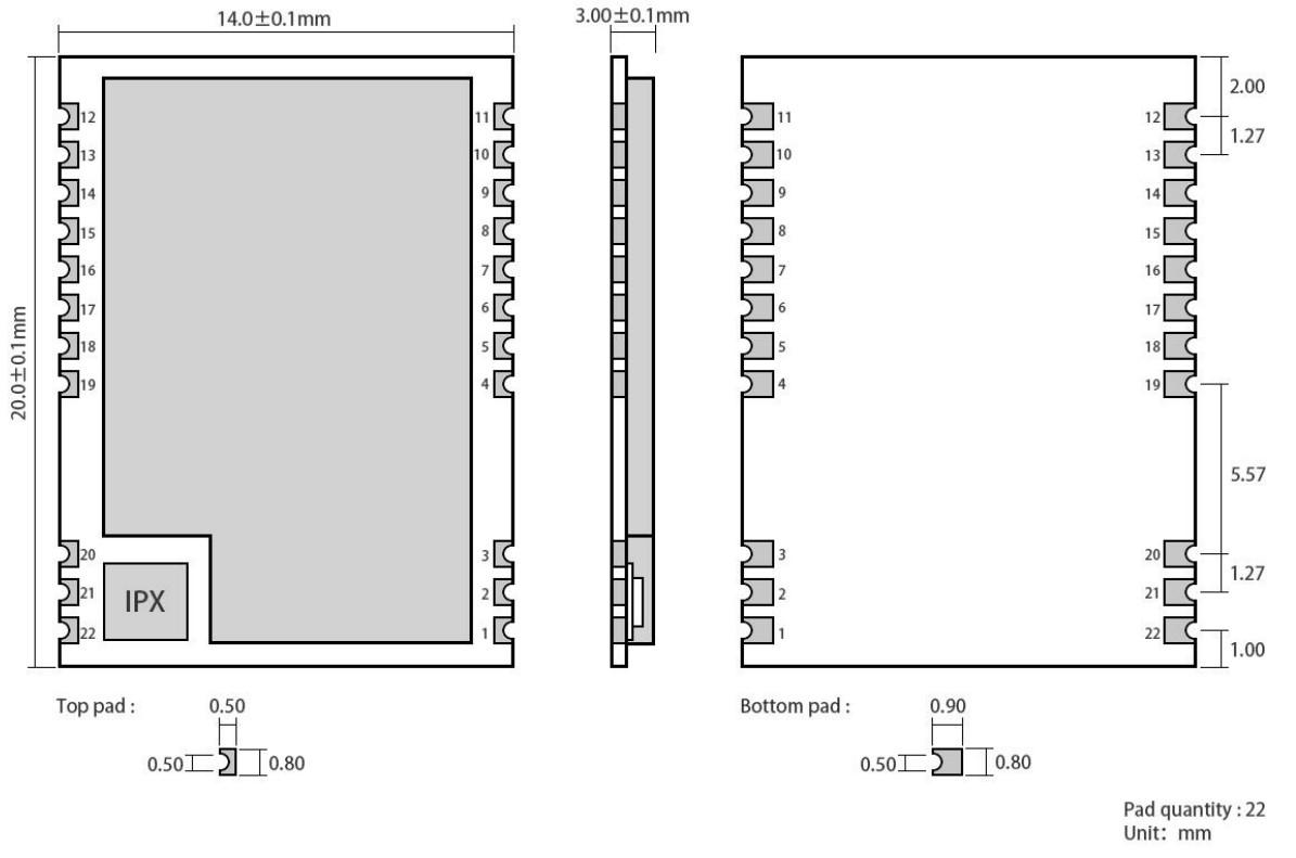 lora模块机械尺寸与引脚定义 机械尺寸与引脚定义