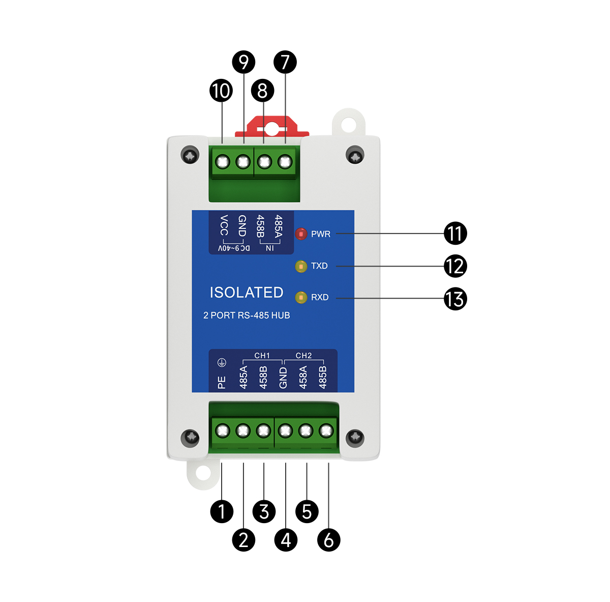 引脚定义 E810-R12 隔离型RS485集线器 E810-R12隔离型RS485集线器