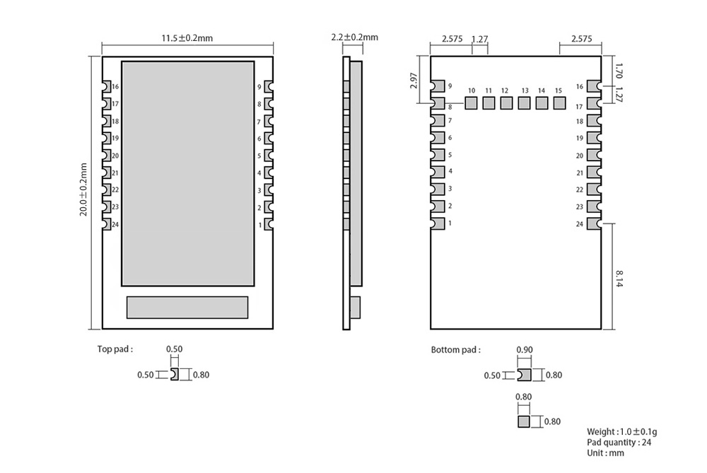 主从一体蓝牙模块尺寸图 主从一体蓝牙模块尺寸图