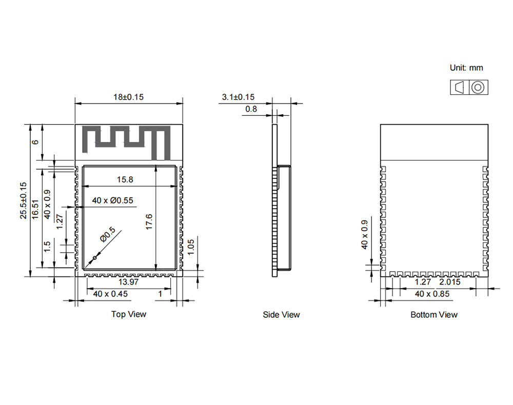 尺寸图 E105-BS21 SLE星闪无线模块 尺寸图 E105-BS21 SLE星闪无线模块