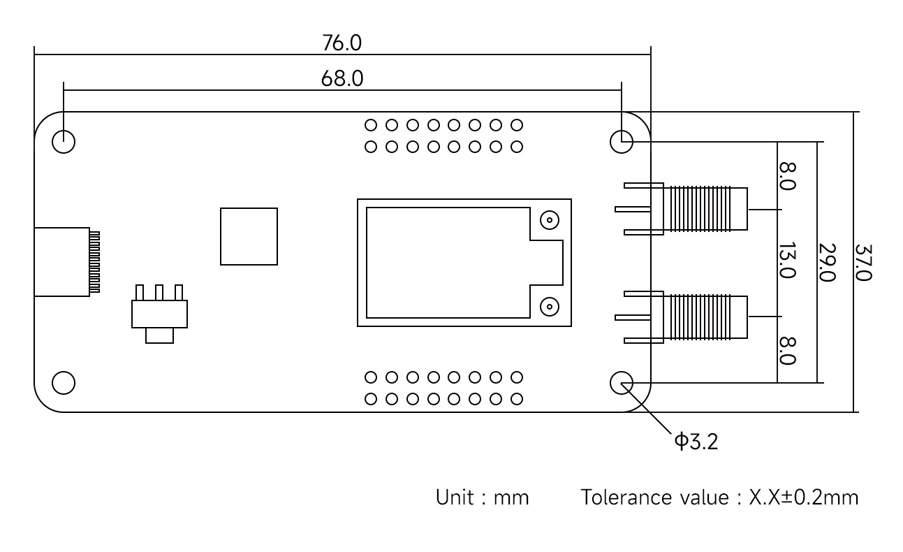 E80系列双频lora模块开发板尺寸图 E80系列双频lora模块开发板尺寸图